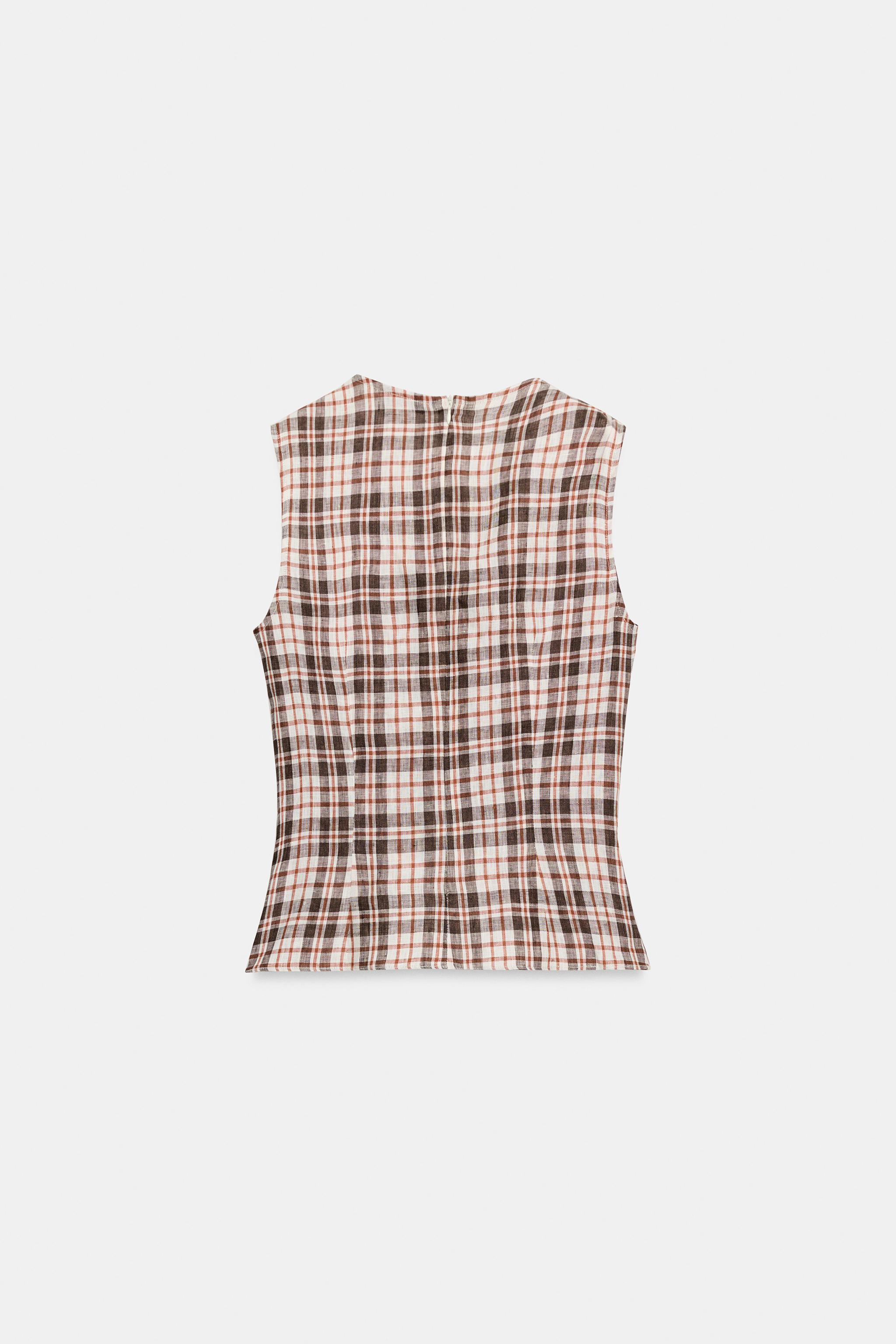 100% LINEN PLAID TOP